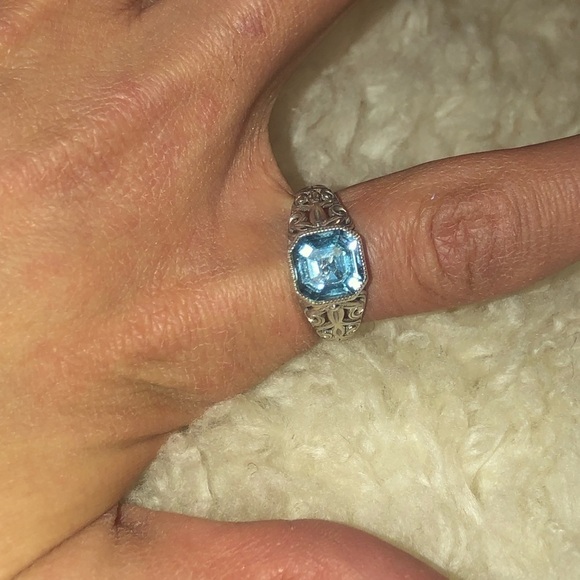 Vtg Sterling Silver & Blue Square Cubic Zirconia Floral Filirgree Band Sz 6.75 - Picture 9 of 12